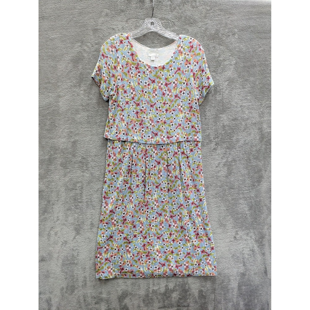 J Jill Dress‎ Womens XS Blue Floral Fit Flare Short Sleeve Pockets Knee Length